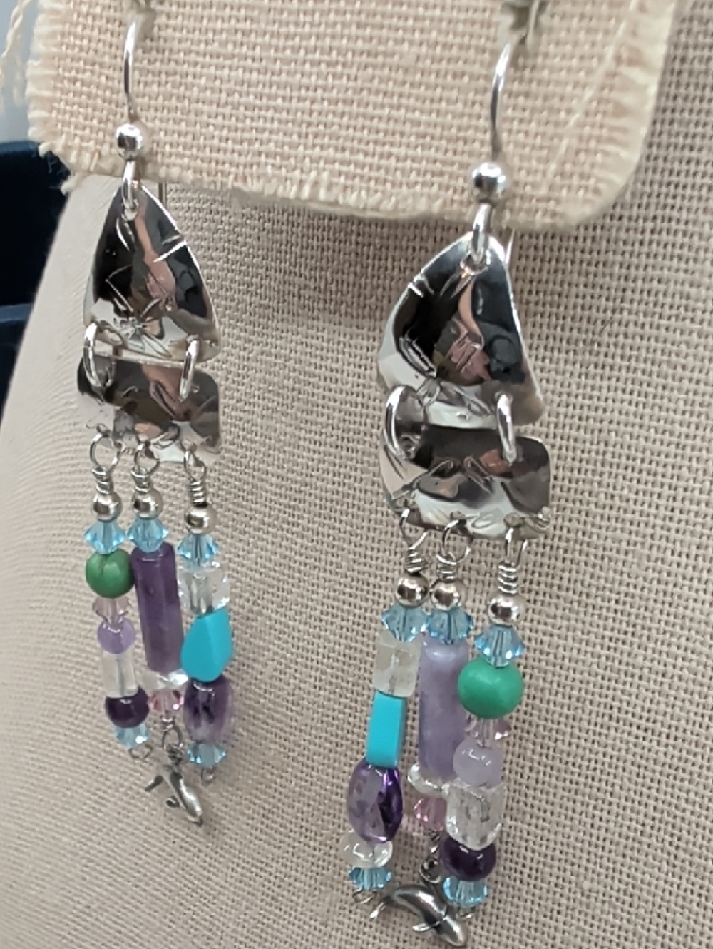 Signed Sterling Silver Dolphin Artisan Chandelier Earrings FL Keys 1990s - Picture 16 of 17